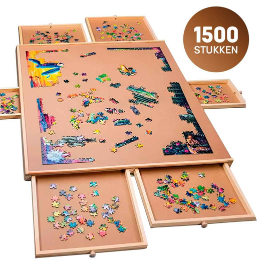 Wooden puzzle board with partially completed puzzles and a count of 1500 pieces.