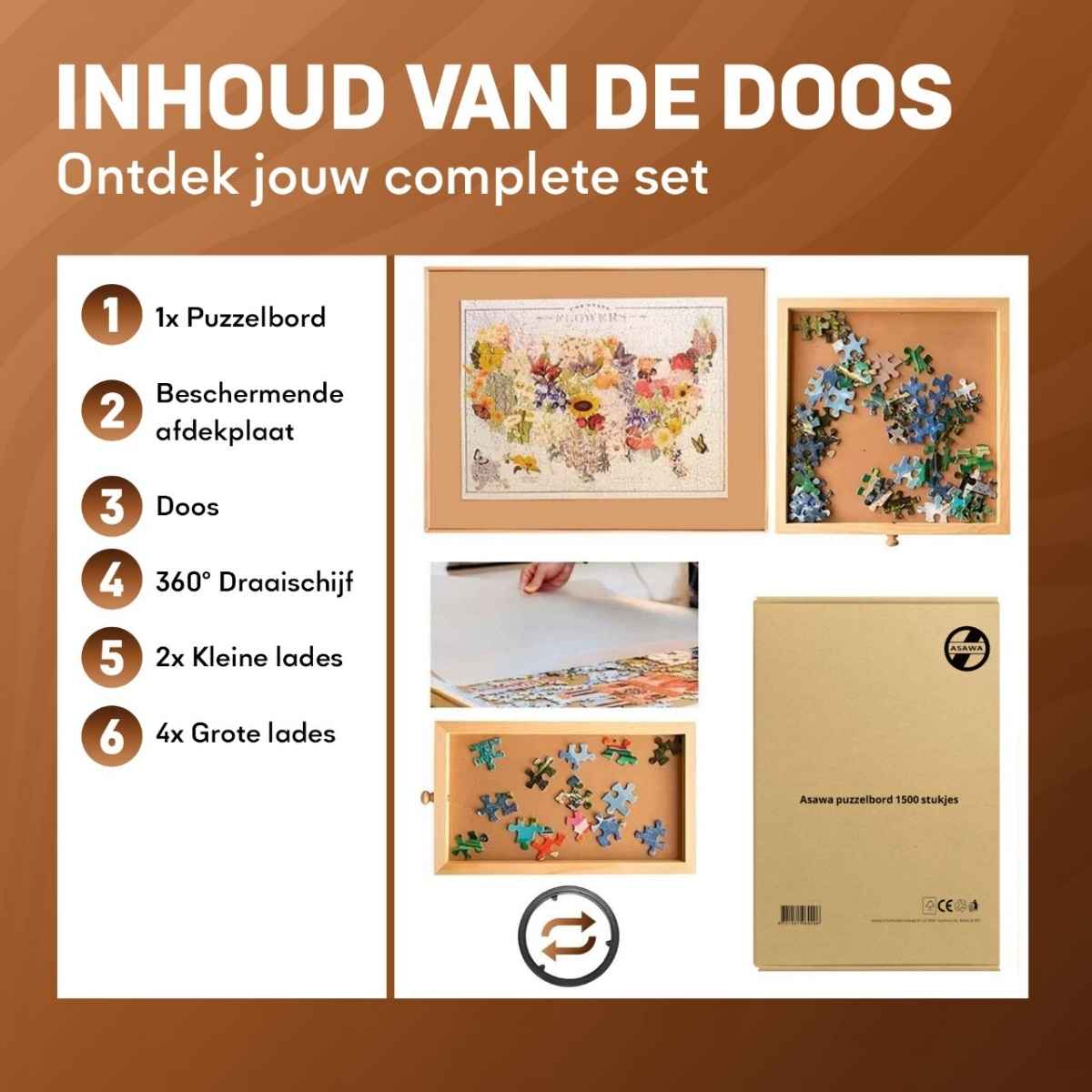 Product packaging with puzzle board and components on a brown background