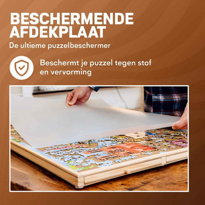 Person placing a protective sheet over a puzzle on a wooden board with text about puzzle protection.