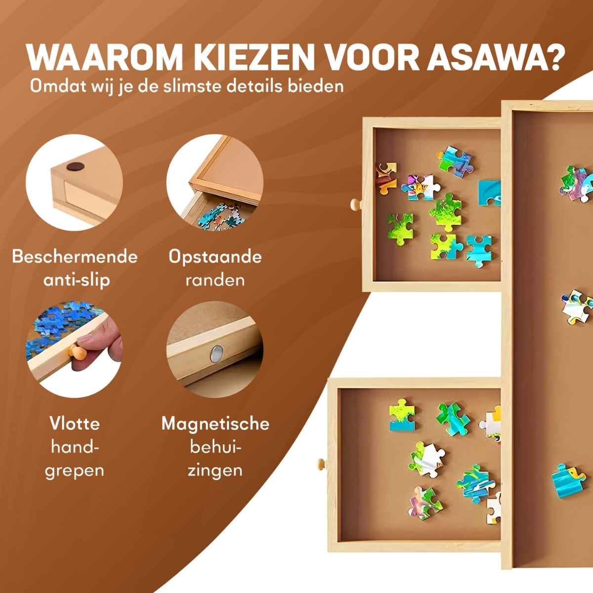 Wooden puzzle box with colorful puzzle pieces on a brown background, featuring text in Dutch about the product's features.