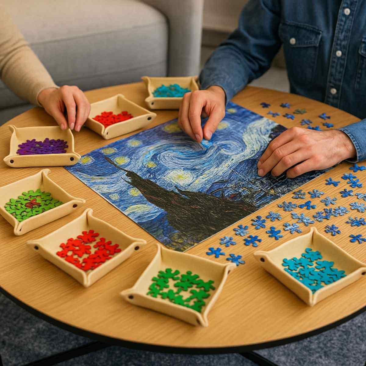 Personen puzzelen met kleurrijke stukjes in vilten sorteervakjes rond een houten tafel.