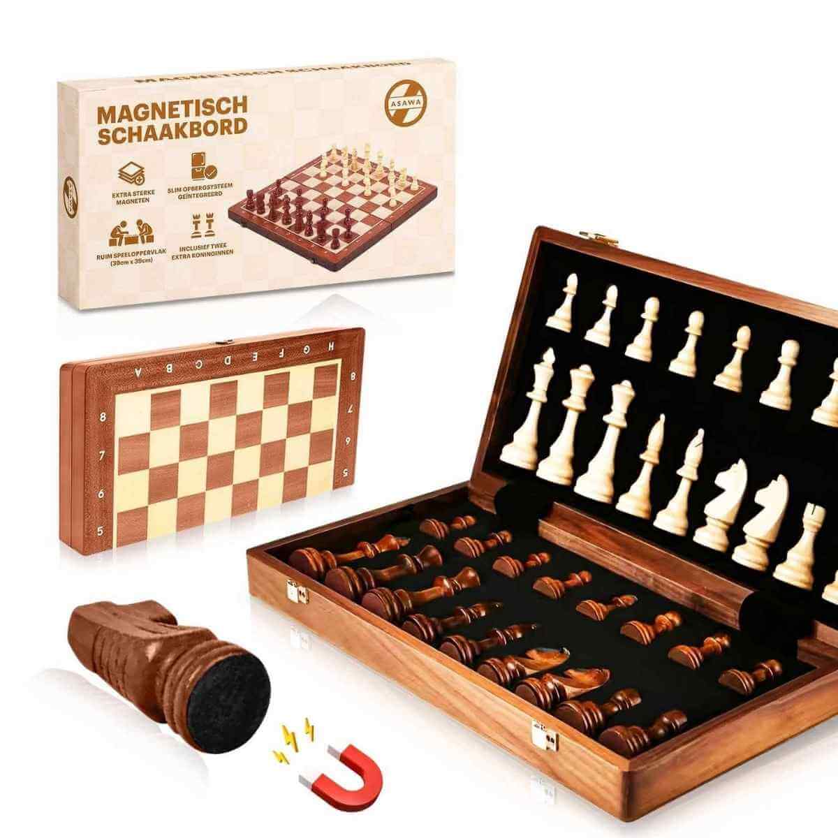 Wooden magnetic chess set with pieces and board, including packaging on a white background.