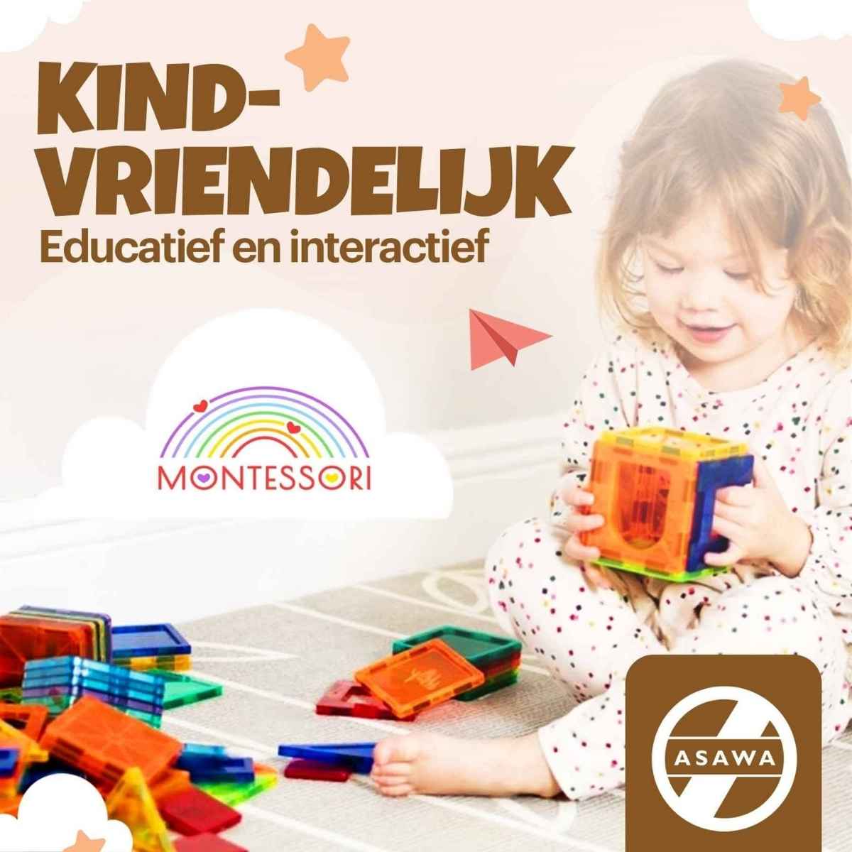 Child playing with colorful educational toys, with Montessori and Asawa logos visible.