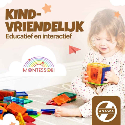 Child playing with colorful educational toys, with Montessori and Asawa logos visible.