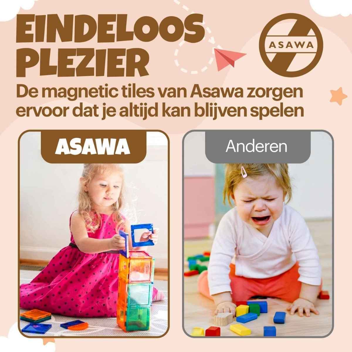 Advertisement for Asawa magnetic tiles with two children playing with the toys.
