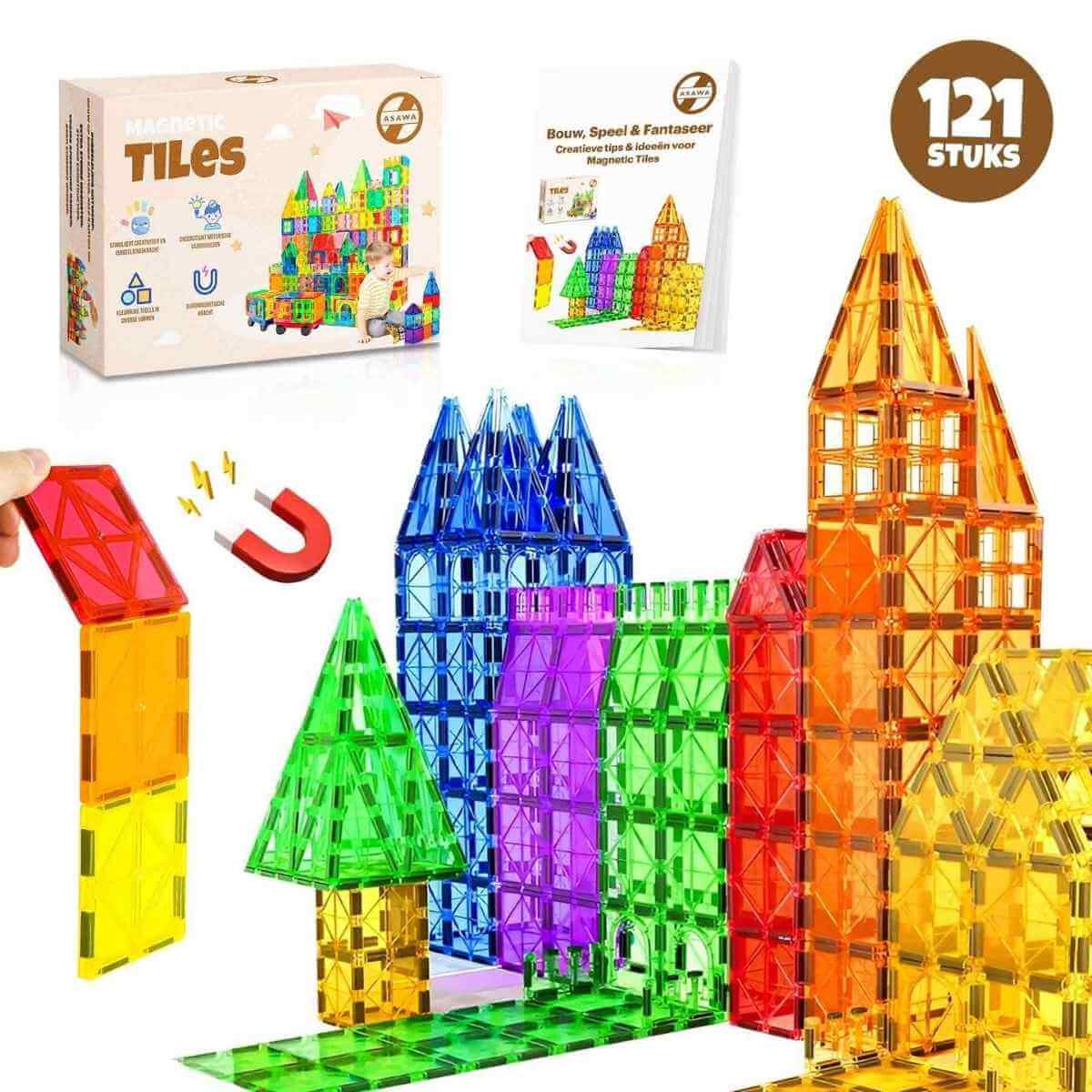 Colorful magnetic building tiles with a castle model and packaging on a white background
