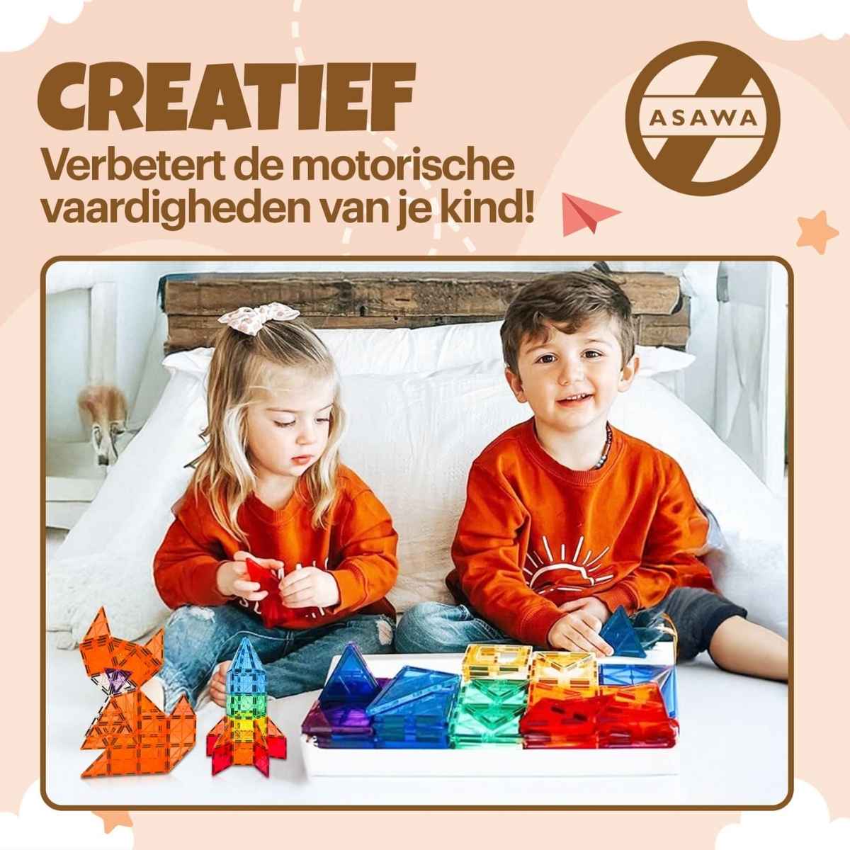 Two children playing with colorful magnetic building toys on a bed, with 'ASAWA' branding.