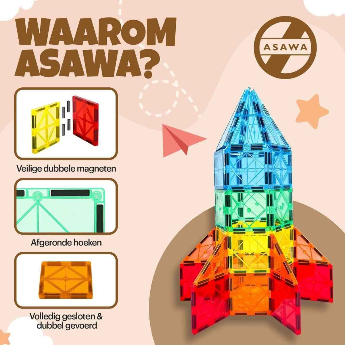Colorful magnetic building set with rocket design on a beige background, featuring the Asawa brand.