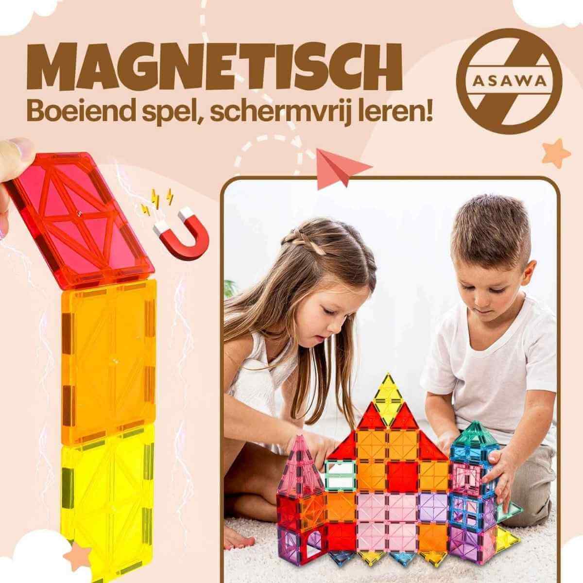 Children playing with colorful magnetic building blocks, featuring the Asawa brand.