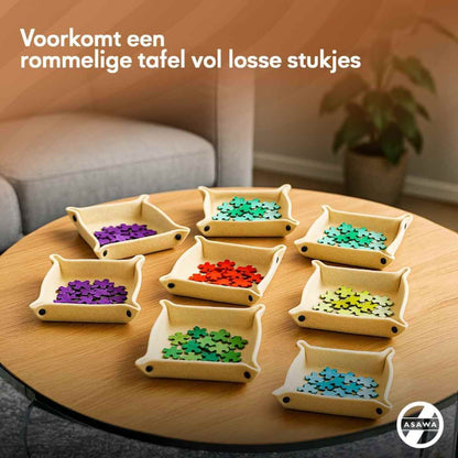 Asawa puzzelsorteerbakjes in verschillende kleuren, georganiseerd op een tafel zonder rommel.