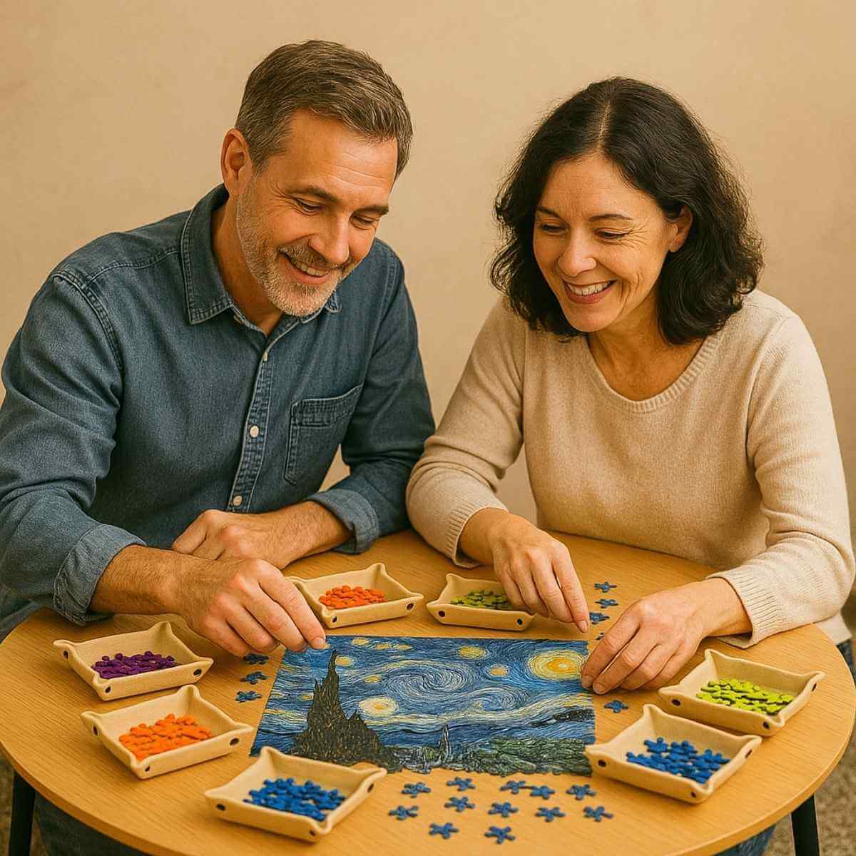 A couple enjoying a puzzle together with Asawa sorting trays on a table, organized by color and shape.