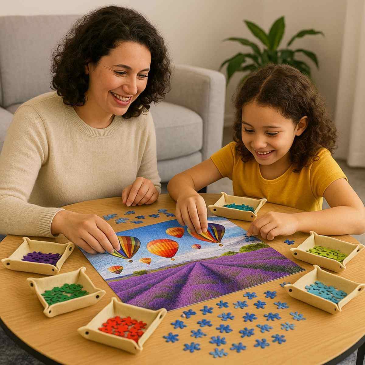 Moeder en dochter puzzelen samen met sorteervakjes voor een betere puzzelervaring en meer plezier.