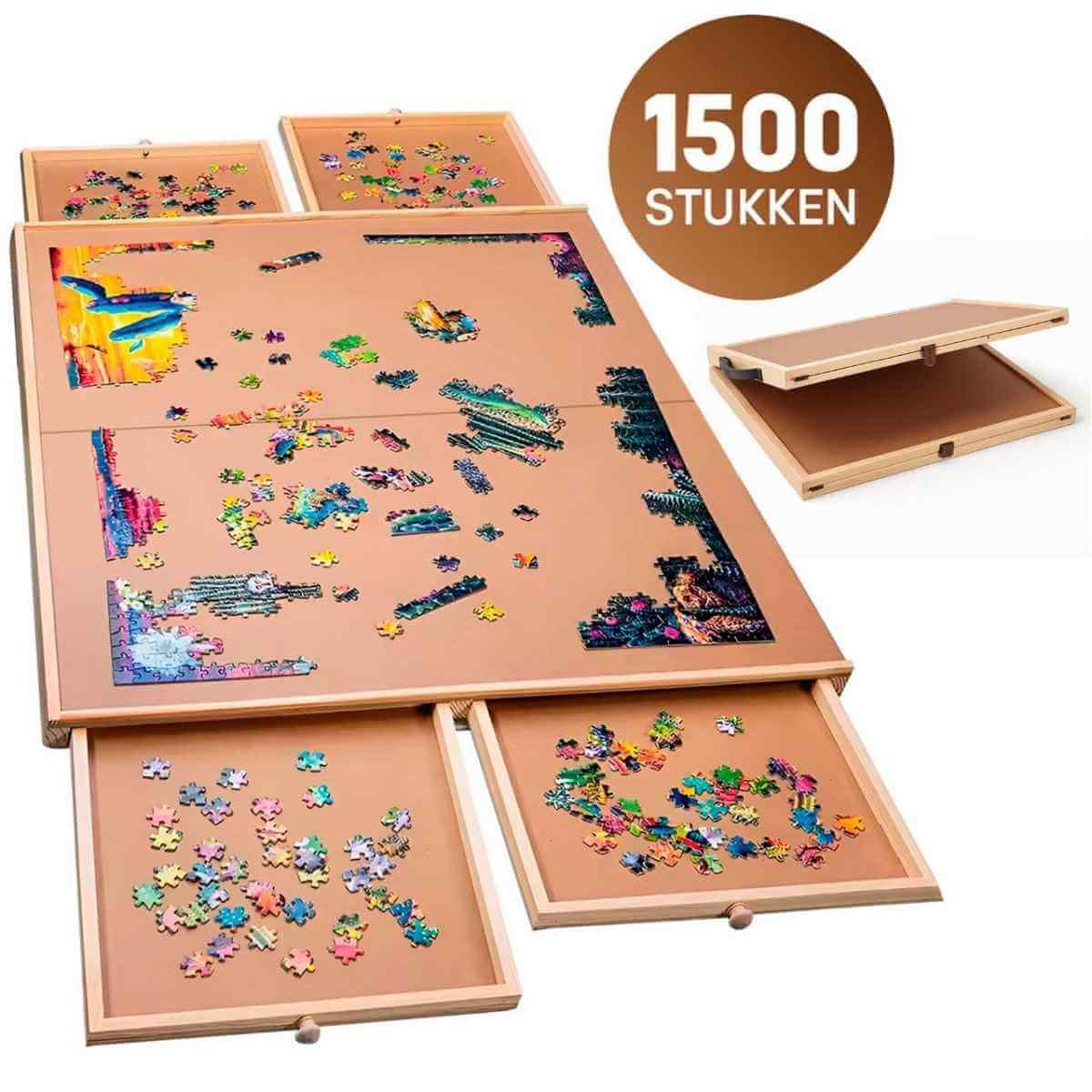 Puzzle set with wooden board and compartments, showing 1500 pieces.