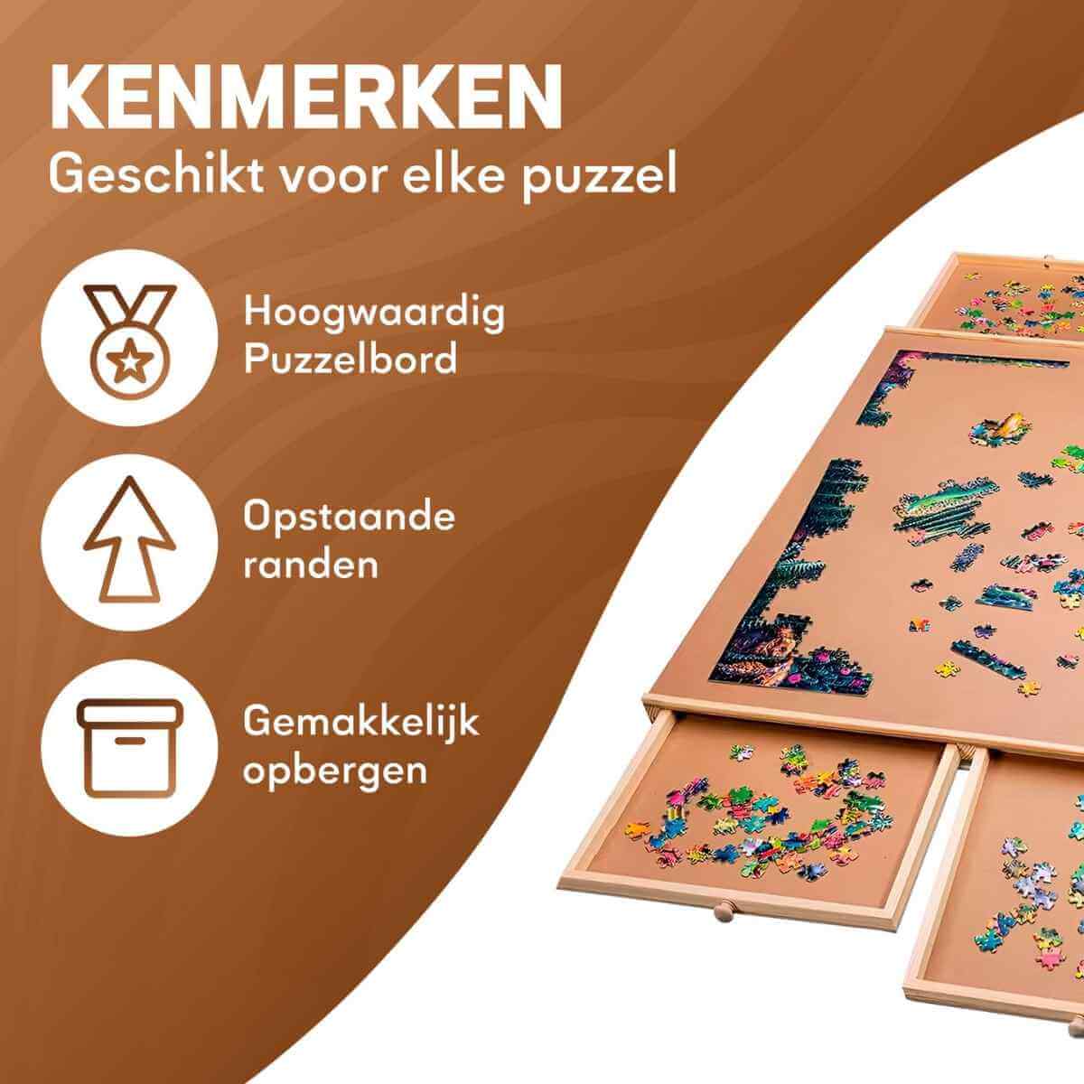 Puzzle board with puzzle pieces on a brown background, featuring text in Dutch about puzzle board features.