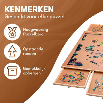 Puzzle board with puzzle pieces on a brown background, featuring text in Dutch about puzzle board features.