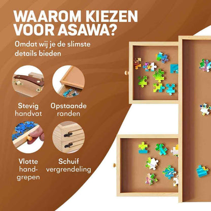 Wooden puzzle box with colorful puzzle pieces on a brown background, featuring text in Dutch about choosing Asawa products.
