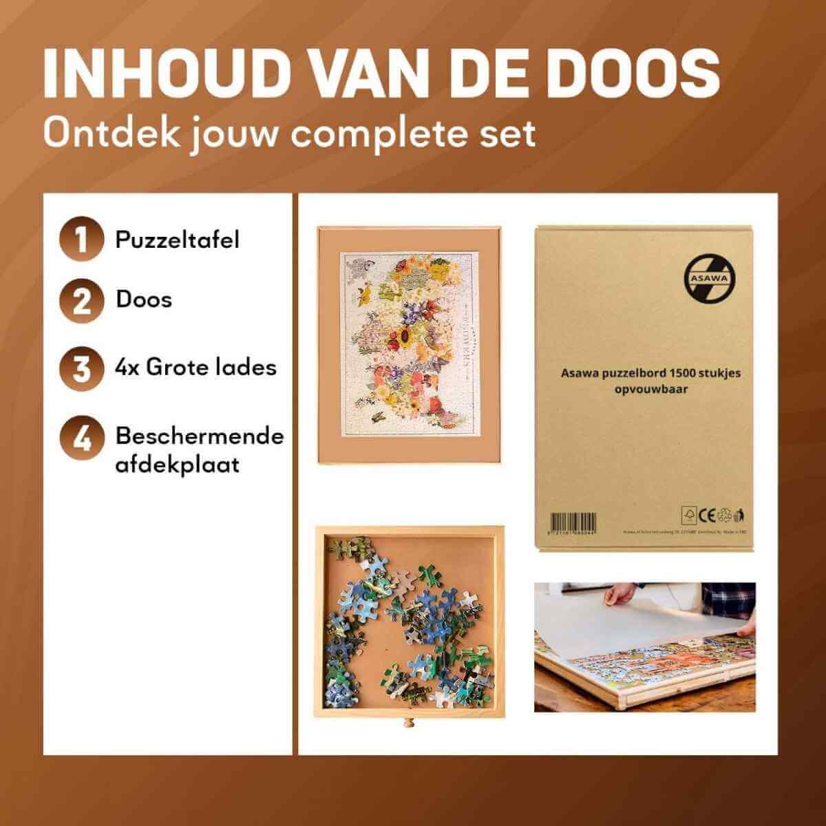 Product set with puzzle table, box, and lades on a brown background