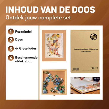 Product set with puzzle table, box, and lades on a brown background