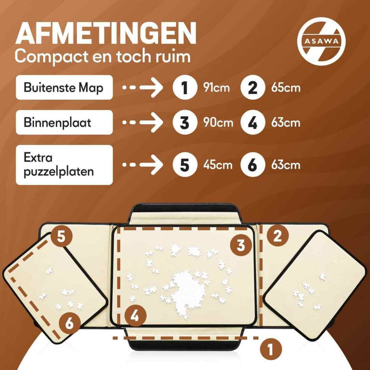 Measurement chart for a puzzle packaging with dimensions and Asawa branding on a brown background.