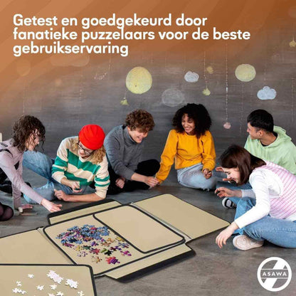 Group of people playing with a puzzle on the floor, with text about testing and certification by enthusiastic puzzle lovers for the best user experience, featuring the ASAWA brand.