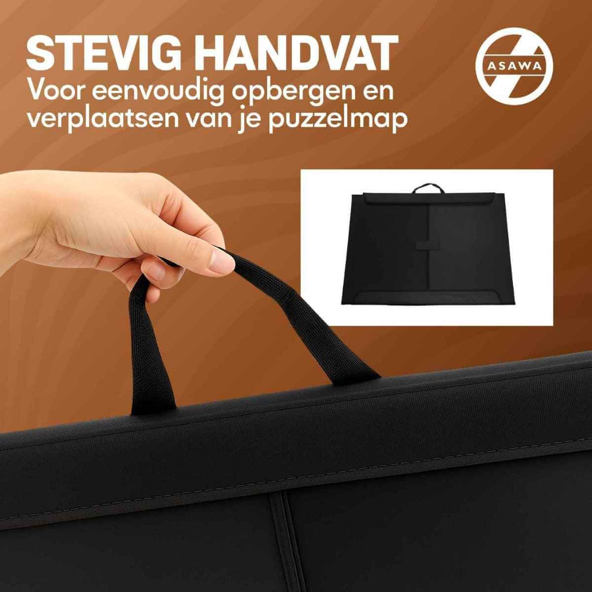 Hand holding a handle of a black bag with text about a sturdy handle for puzzle map storage and transportation, featuring the Asawa brand.