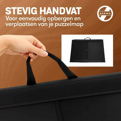Hand holding a handle of a black bag with text about a sturdy handle for puzzle map storage and transportation, featuring the Asawa brand.