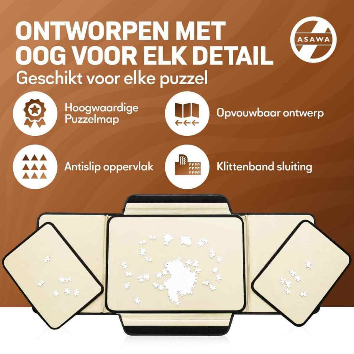 Puzzle board with features highlighted on a brown background