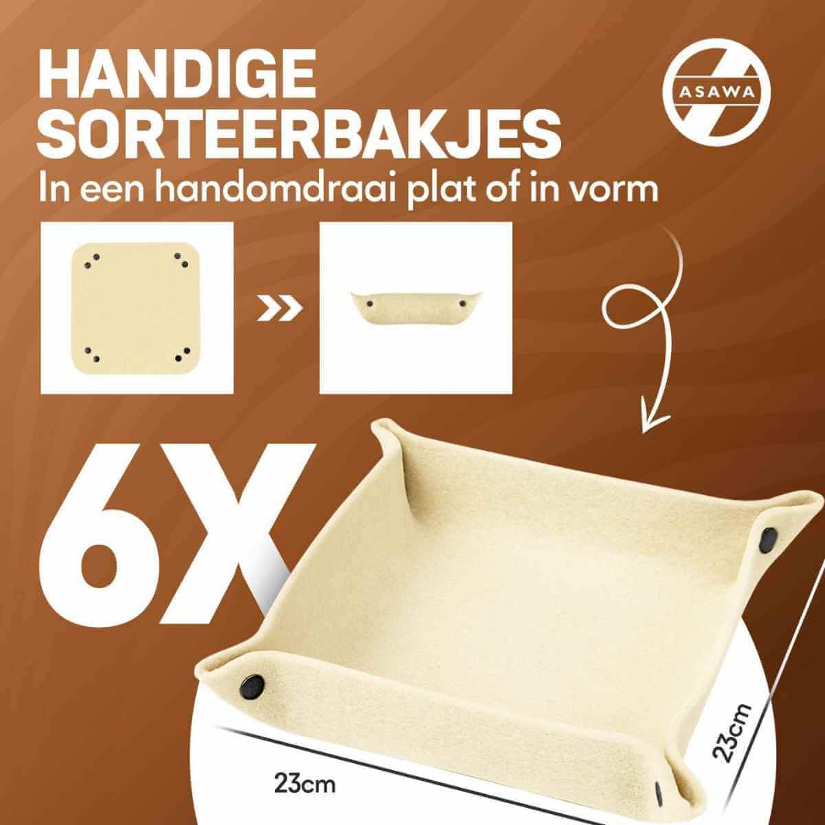 Beige sorting bins with text and ASAWA logo on a brown background