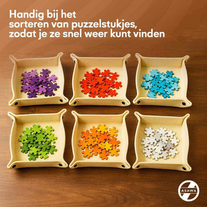 Asawa sorteervakjes voor het sorteren van puzzelstukken in verschillende kleuren voor een efficiënter puzzelervaring.