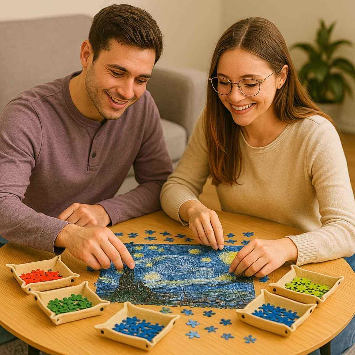 Een gelukkige man en vrouw puzzelen samen met Asawa sorteervakjes, kleurrijke stukjes verspreid op een tafel.