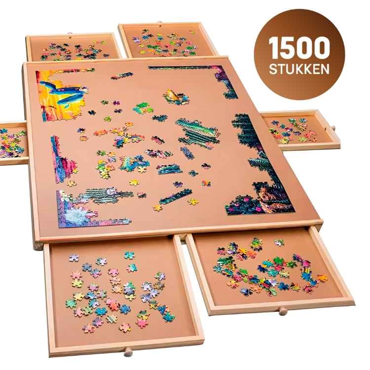Puzzle set with wooden frame and colorful puzzle pieces, labeled '1500 Stukken'.