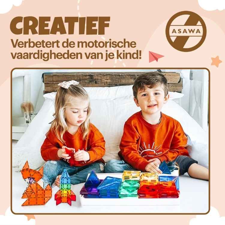 Two children playing with colorful magnetic building blocks on a bed, with 'ASAWA' branding.