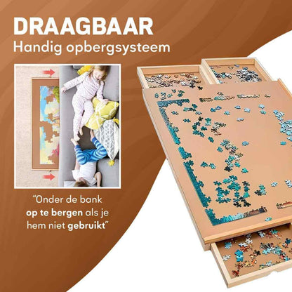 Wooden puzzle storage system with puzzle pieces and children playing, on a brown background.
