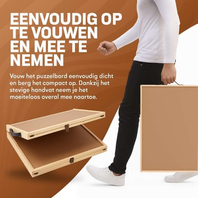 Person holding a compact wooden puzzle board with text on a brown background