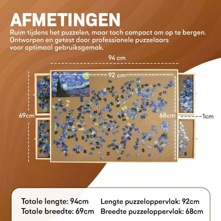 Jigsaw puzzle packaging with measurements and a sample of completed pieces on a brown background.