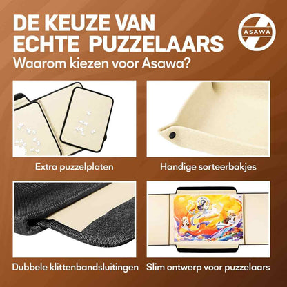 Advertisement for Asawa puzzle accessories with product images and text on a brown background.